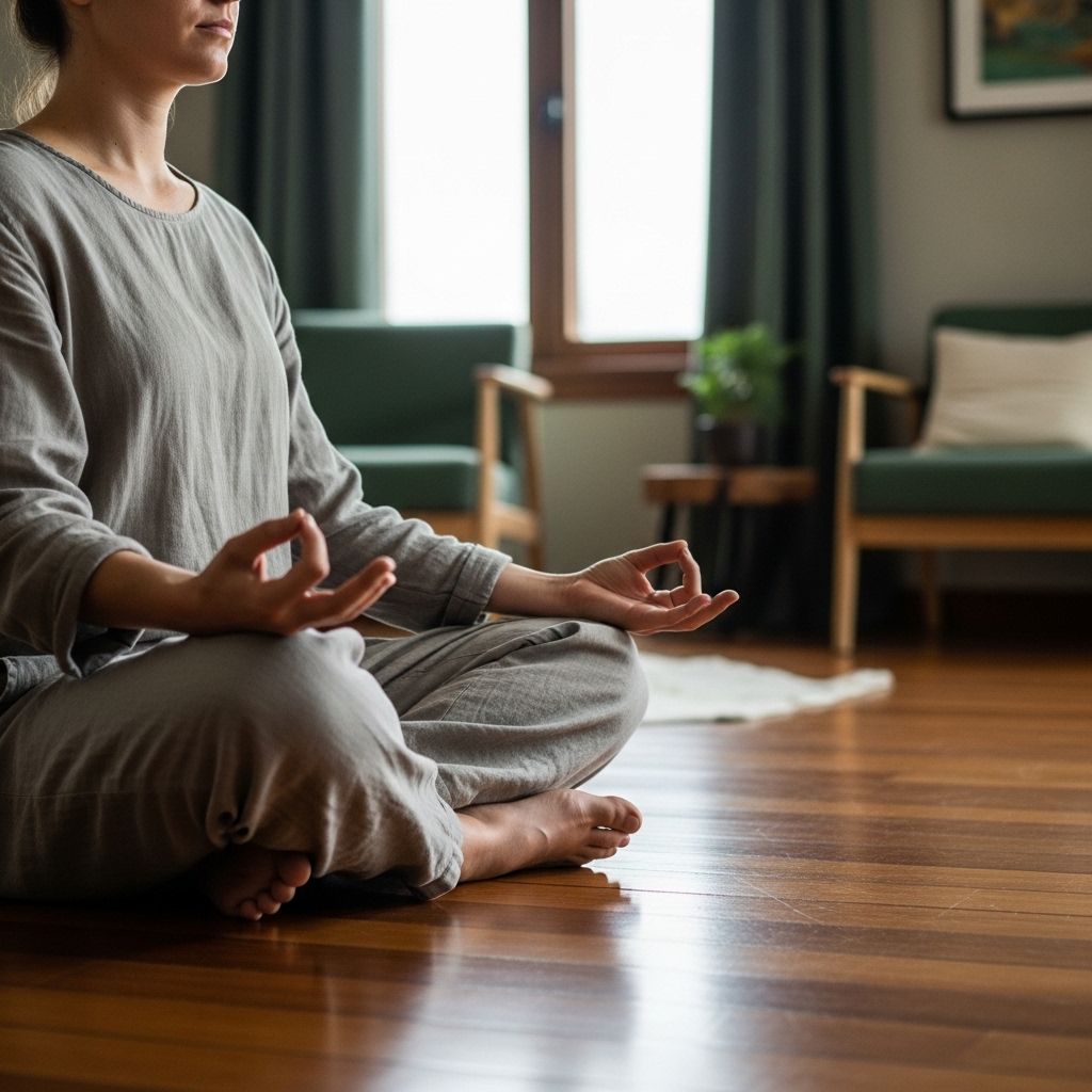 Spokojnie siedząca osoba w pozycji medytacyjnej na drewnianej podłodze przy dużym oknie, z subtelnym miękkim światłem naturalnym, stonowana kolorystyka wnętrza, skupiona i wyciszona atmosfera bez rozpraszaczy