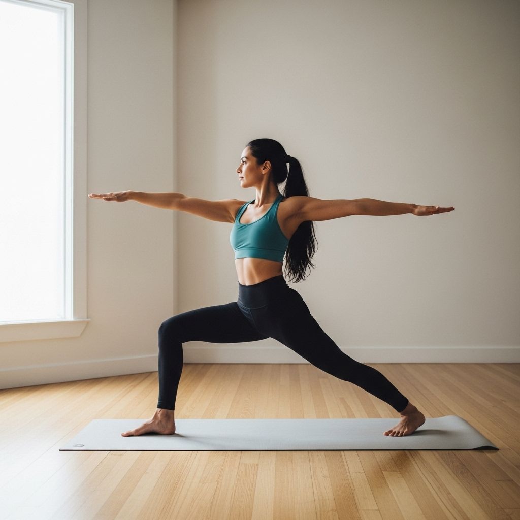 Kobieta ćwicząca jogę w pozycji wojownika na macie w jasnym, minimalistycznym studiu z drewnianą podłogą, delikatne światło wpada przez duże okno, spokojna i skupiona atmosfera